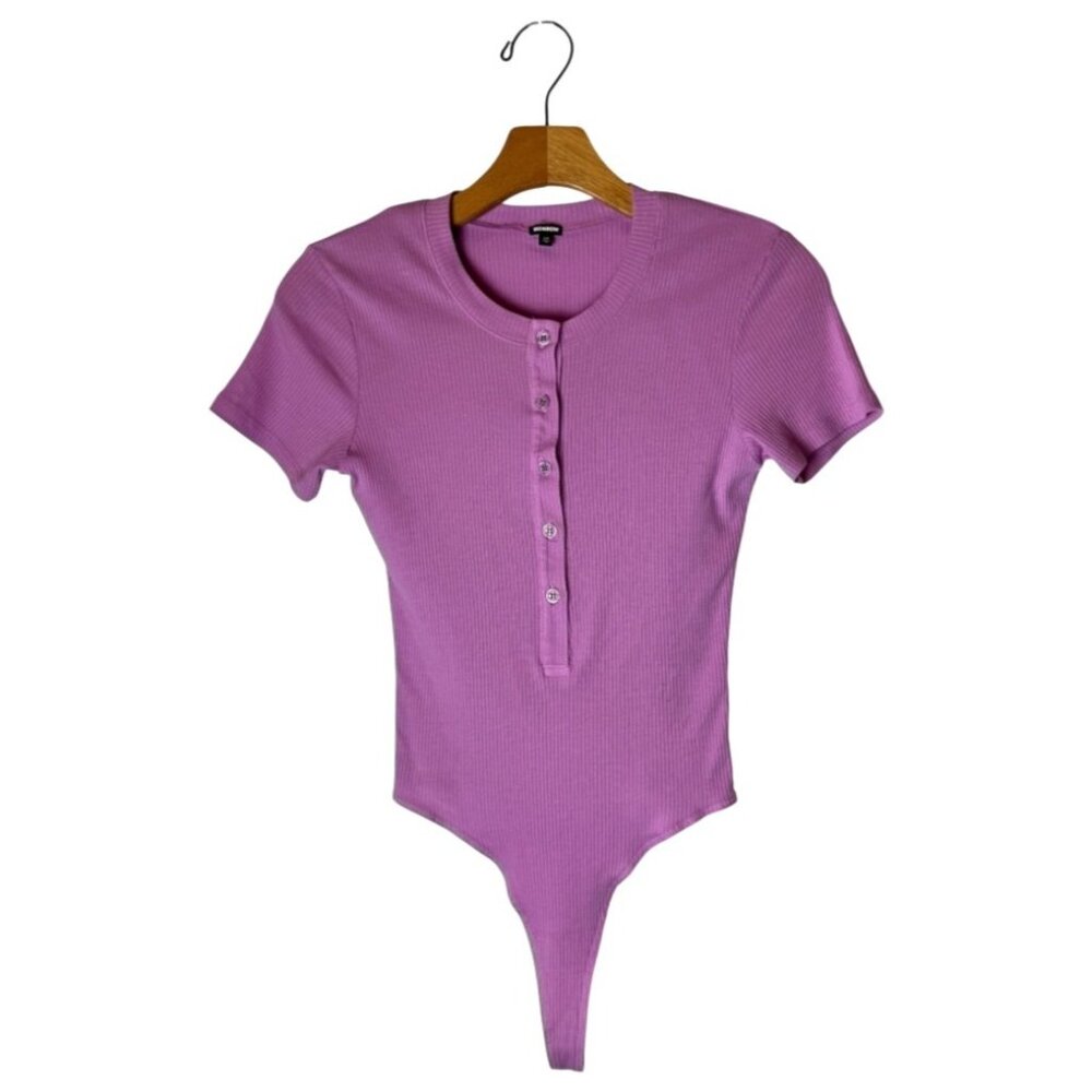Monrow Bodysuit Women XS Purple Ribbed Crew Henley Neck‎ Short Sleeve Pull On